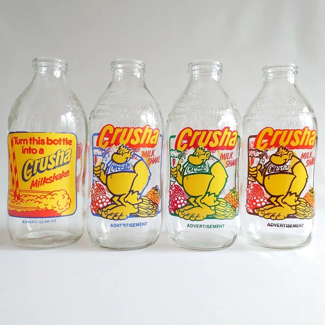 VINTAGE GLASS MILK BOTTLES x4 Advertising Crusha Milkshakes Blue. Green ...