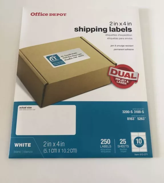 Office Depot Inkjet/Laser Shipping Labels, 2" x 4", White, 250-Pack