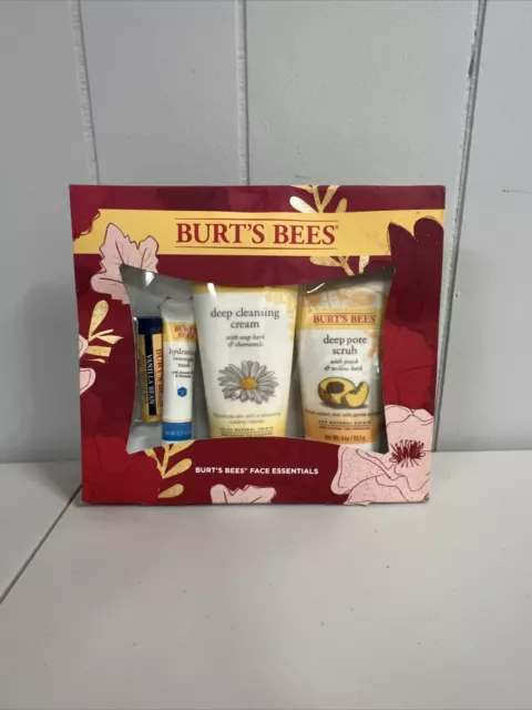 BURT'S BEES FACE ESSENTIALS 4 Piece Box Mask Pore Scrub Cleansing Cream Lip Balm