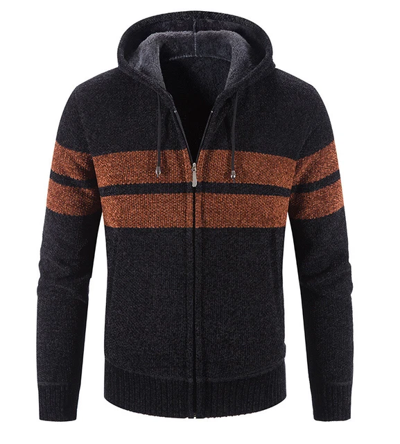 Hooded Striped Color-blocking Casual Plus Velvet Cardigan