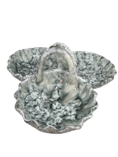 Italian Drip Glaze Art Pottery 3 Section Bowl Handled Black and Gray Italy