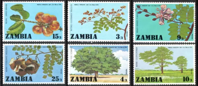 Zambia 1976 QEII Día Forestal Mundial conjunto de 6 sellos como nuevos montados