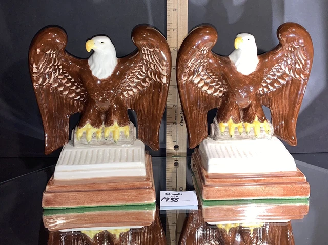 2 Vtg Hand Painted Signed Ceramic Atlantic Mold Bald Eagle Patriotic Bookends
