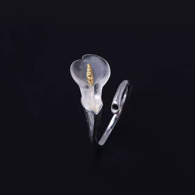 Stunning 925 Sterling Silver Natural Crystal Calla Lily Open Ring Resizable·