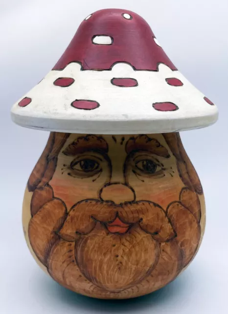 Cottagecore Hand-Etched Painted Wood Mushroom Man Russia Sergiev Posad 5.5"