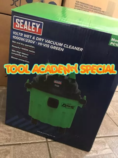 BOXED - SEALEY PC102HV Vacuum Cleaner Wet & Dry 10ltr 1000W/230V Hi-Vis Green 2