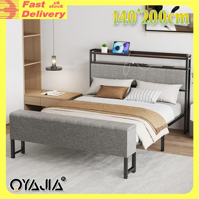 LUXURY GREY FABRIC BED FRAME SET 4FT6 DOUBLE BED WITH UPHOLSTERED ...