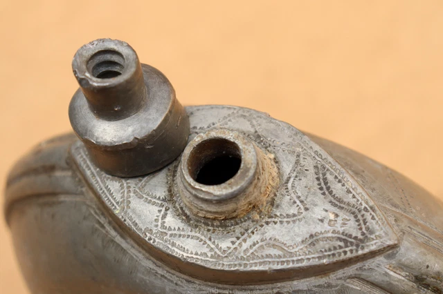 Antique Primitive Hand Wrought Forged Lead Barrel Flask Bottle Dated 1878 19th.