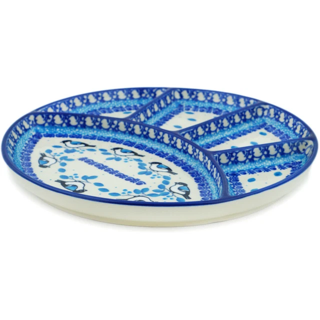 Polish Pottery Divided Dish 9" Ceramika Artystyczna Winter Sparrow