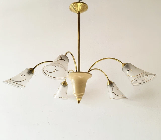 Suspension Vintage Dorée En Verre Ambré, Abat-jour Cloche, Made In France, Le Siècle Des Lumières