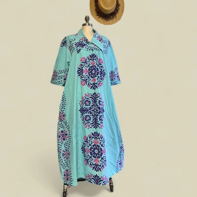 Vintage Hawaiian Dress Muumuu Size 3X Turquoise Purple Pink Quilt Floral Print