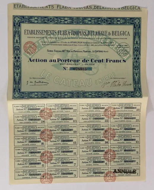 1928 Etablissements Flaba Thomas Delahaye & Belgica Stock Certificate France