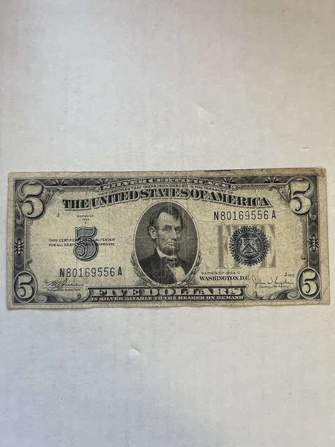 1934 C $5 Silver Certificate Blue Seal Note