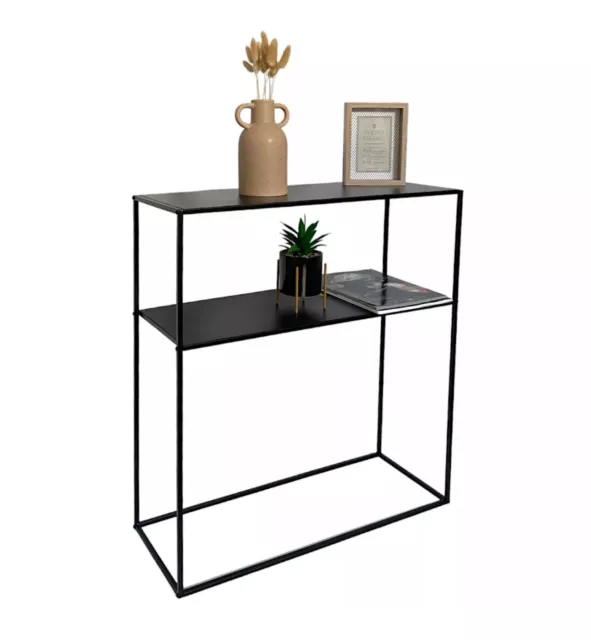 Mesa consola de 2 niveles marco de metal negro con estante mesa auxiliar estantería muebles