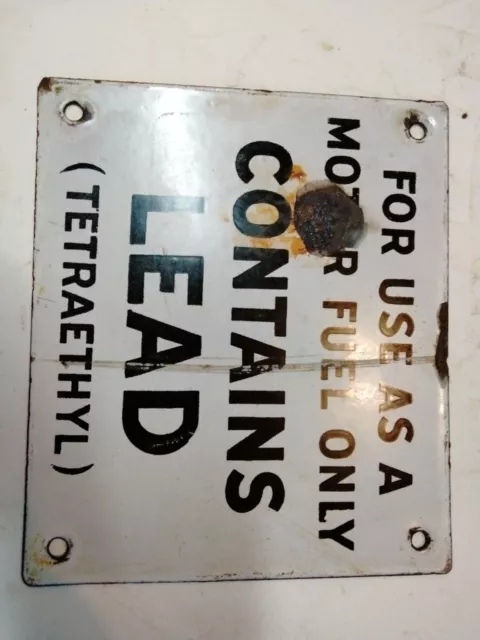 Vintage Contains Lead (Tetraethyl) Gas Pump Porcelain Metal Sign plate badge