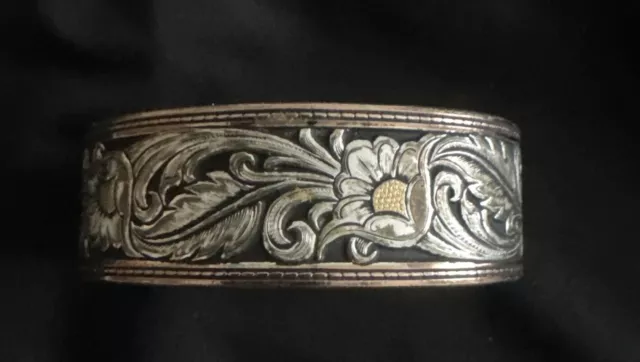 Montana Silversmiths Cuff Bracelet Copper Black  Gold Floral Leaves Leather cut