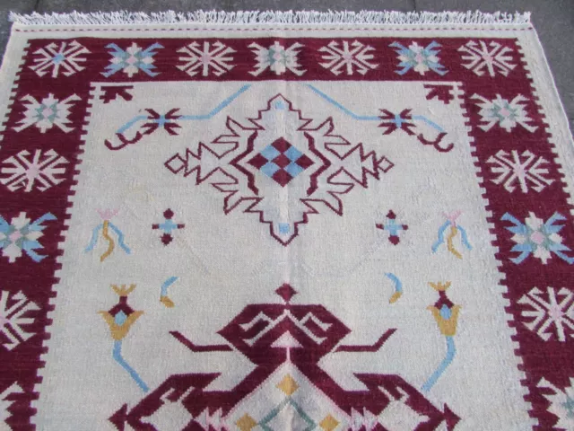 Alter traditioneller handgefertigter orientalischer indischer Kilim cremeweiß Wolle Kilim 224x162cm 3