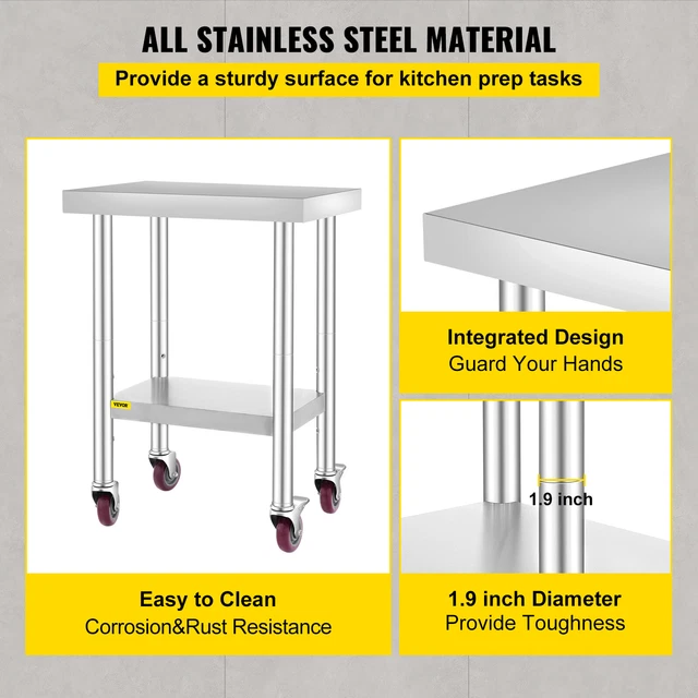 VEVOR Stainless Steel Work Pre Table with Wheels 24X18inch Adjustable Undershelf 3