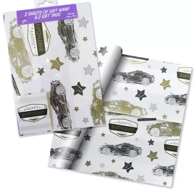 2 Sheets of Sports Racing Car Birthday Gift Set Wrap Wrapping Paper Tags