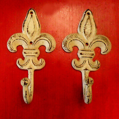 Two Vintage Wrought? Iron Fleur de Lis WALL HOOKS, Distressed Cream Ivory Color 2