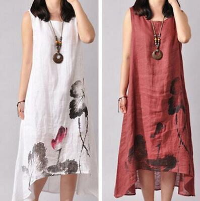 Summer Womens Ethnic Cotton Linen Loose Floral Print Chinese Sleeveless Dress Sz