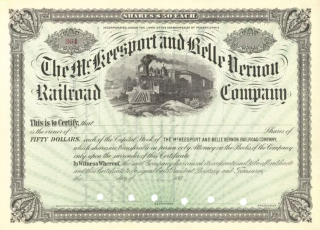 McKeesport and Belle Vernon Railroad Co. - 1880's dated Unissued Railway Stock C