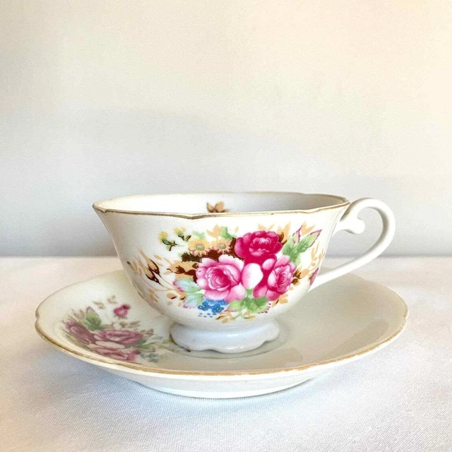 Juego de taza de té y platillo vintage/porcelana floral japonesa