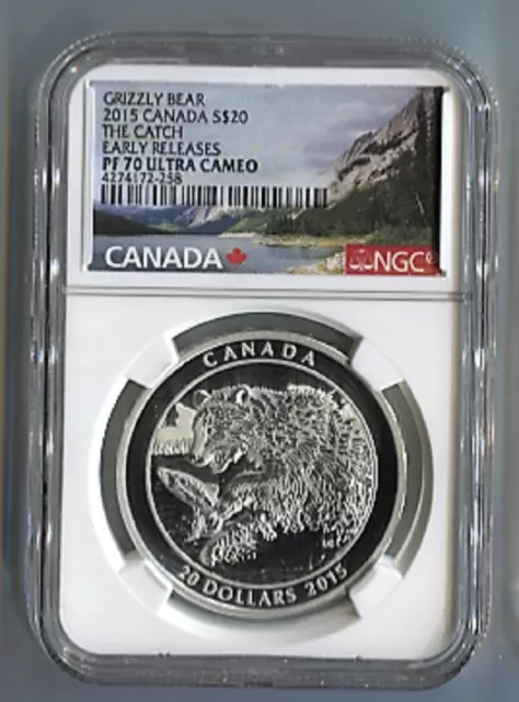 2015 Canada Grizzly Bear The Catch Silver Proof $20 Ultra Cameo ER UC NGC PF70