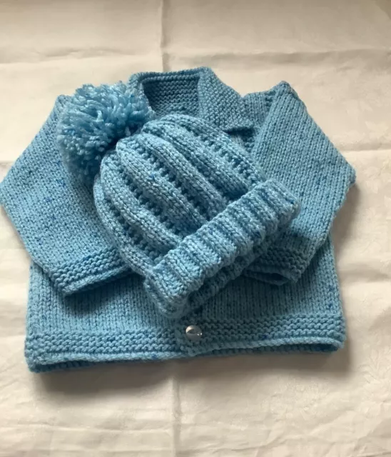 Hand knitted baby jacket with bobble hat - age 0-3 months - blue