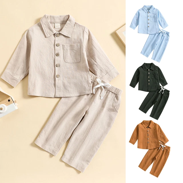 Baby Boys Cotton Linen Long Sleeve Button-Down Shirt Elastic Waist Pants Suit