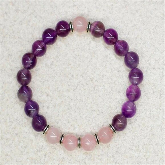 8mm Rose Quartz Amethyst Gemstone Mala Bracelet 7.5 inches Cuff Handmade
