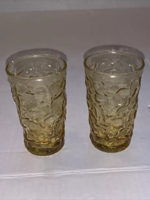 Vintage Anchor Hocking Amber Lido Milano Crinkle Drinking Juice Glass 4” Set 2