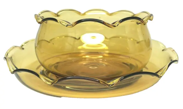 Vintage Amber Glass Mayo Relish Dish Bowl & Under Plate Tray Wavy Edge Retro