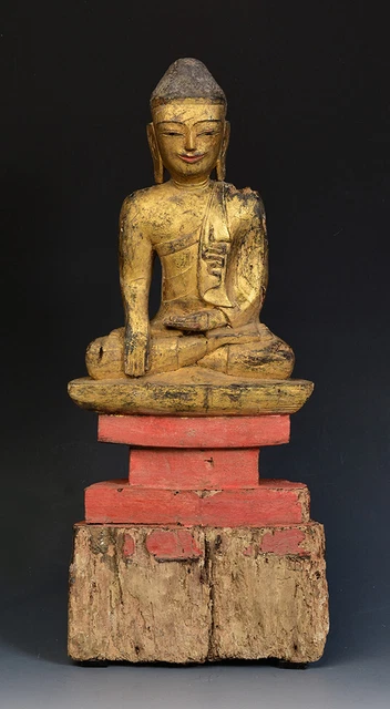 18th Century, Shan, Antique Burmese Wooden Seated Buddha