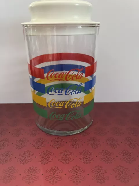 Retro 80's Coca-Cola Vintage Glass Canister. Red,blue, Yellow And Green. Withlid