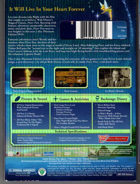 dvd Walt Disney PETER PAN + Blu Ray POCAHONTAS & POCAHONTAS II 3