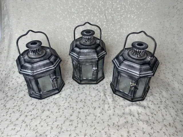 Hanging Lantern Metal Tealight Candle Holders With Glass Set of 3 Rustic