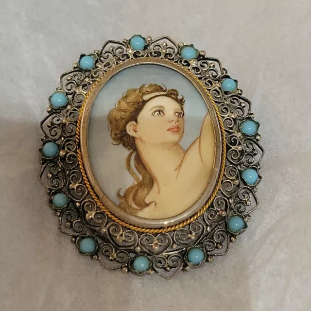 Antique 1920s Portrait Cameo 800 Silver Brooch Pendant Loop Aqua Stones Filigree