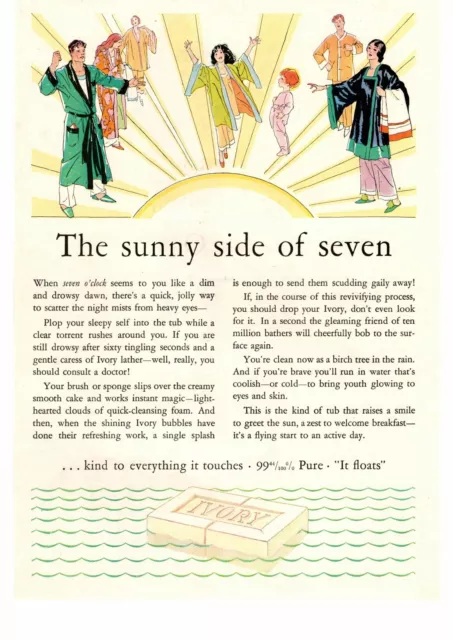 1929 Ivory Soap "The Sunny Side Of Seven" 7am Morning Bath Shower Color Print Ad