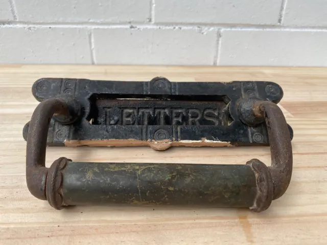 Antique Iron Letter Mail Slot With Door Pull / Knocker