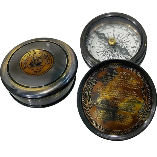 Robert Frost Vintage Navigational Poem Compass Brass Stanley London Compass 2.5"
