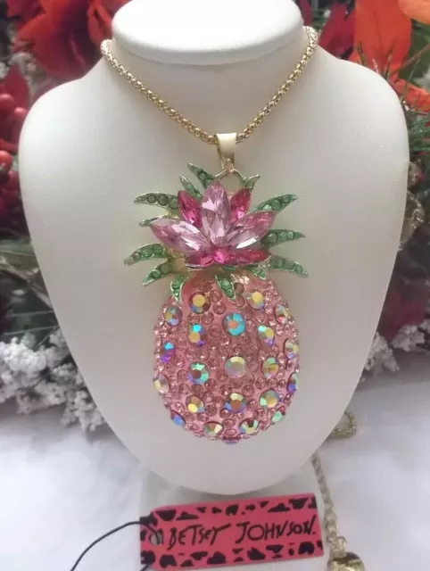 Betsey Johnson Sparkling Large Pink Pineapple Crystal Pendant Necklace