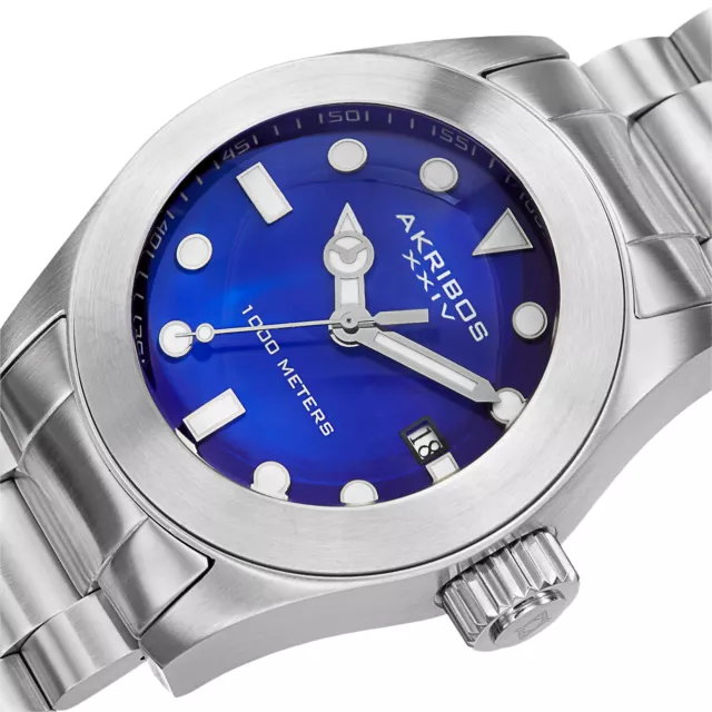 Men's Akribos XXIV AK730BU Blue Dial Date Display Stainless Steel Bracelet Watch 3