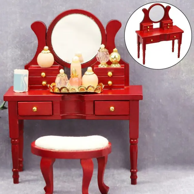 Dollhouse Miniature Red Wooden Dresser Vanity Table 1/12 Scale Furniture