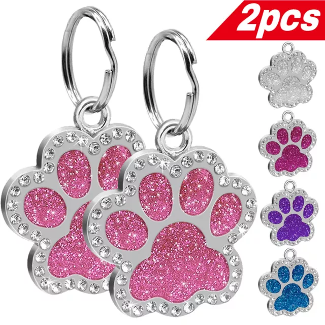 2PCS Glitter Paw Personalized Dog Tag Small Dogs Puppy Kitten ID Name Engraved