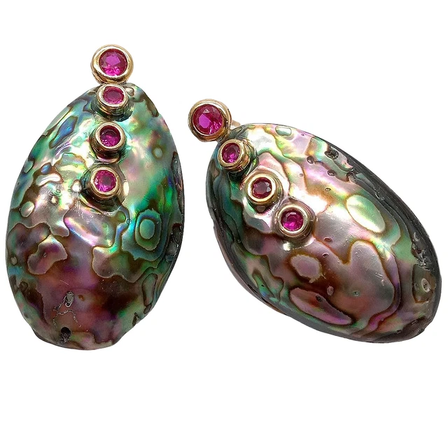Natural Rainbow Color Abalone Shell Red Cz pave  Stud Earrings