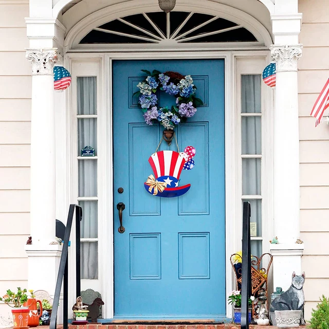 4Th of July USA Hanging Wooden Door Sign Uncle Sam Patriotic Hat Wall Decor Hang