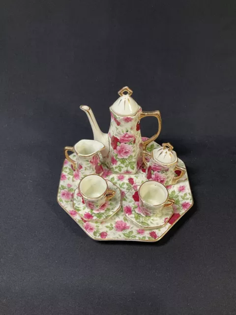 Vintage Miniature Chintz Pink Floral 10 Piece Tea Set