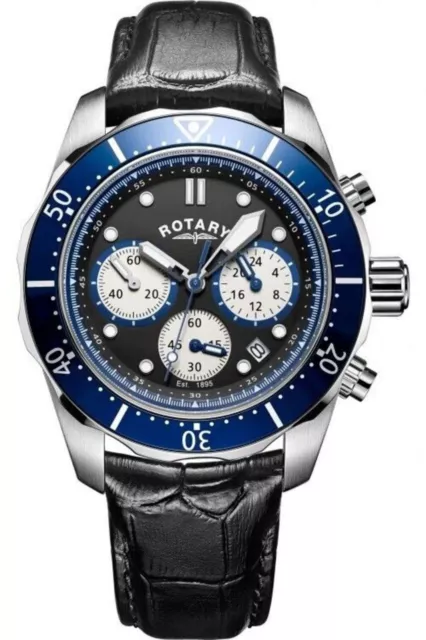 Rotary Chronograph Watch Blue Bezel Black Leather Strap GS00092/04 - BRAND NEW