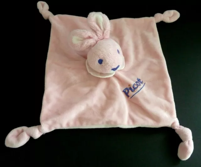 S99. Doudou Plat Picot Lapin Rose Col Blanc Broderie Bleu Extra Doux Etat Neuf*